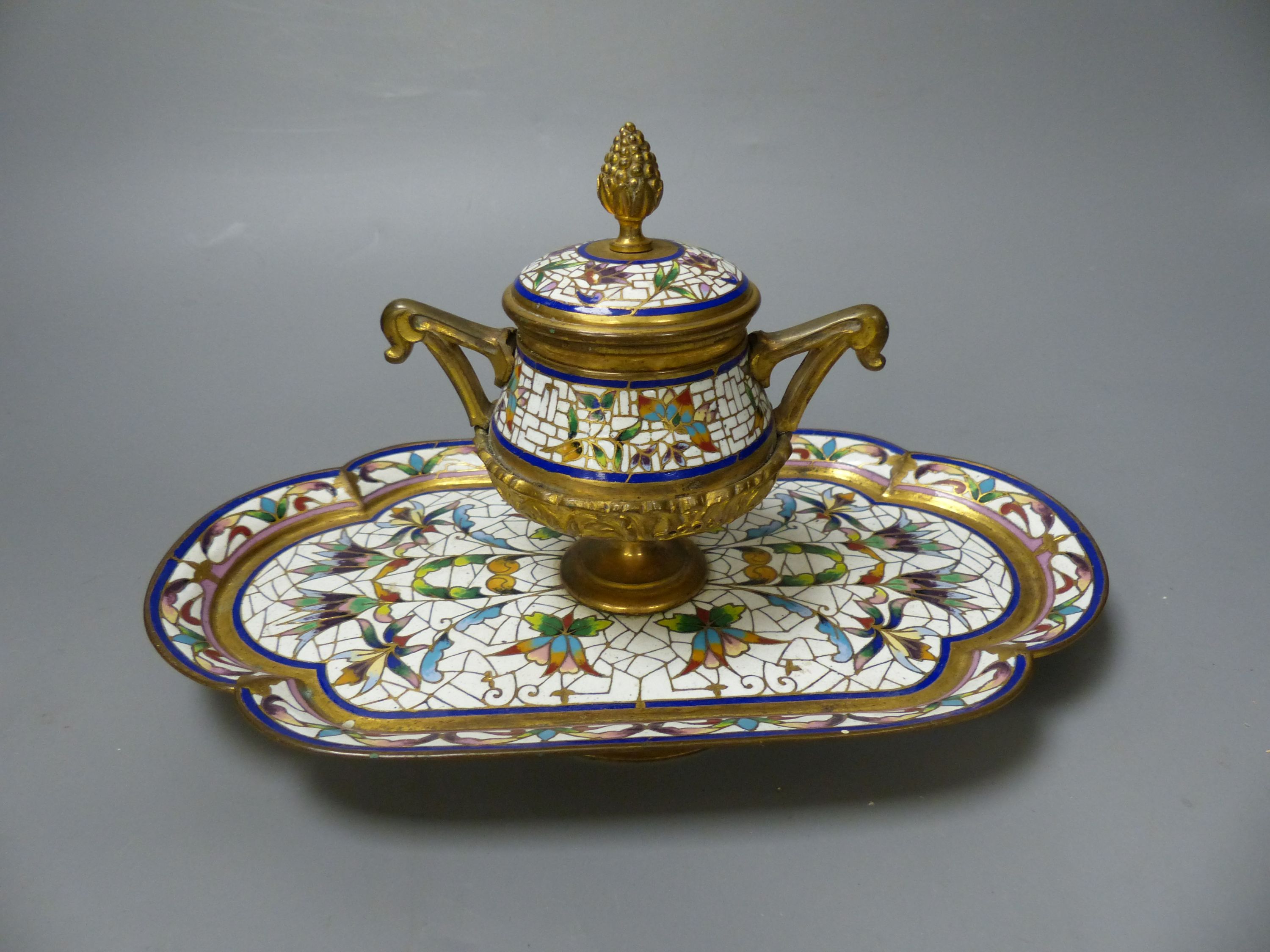 A 19th century French champleve enamel ink stand, length 24cm